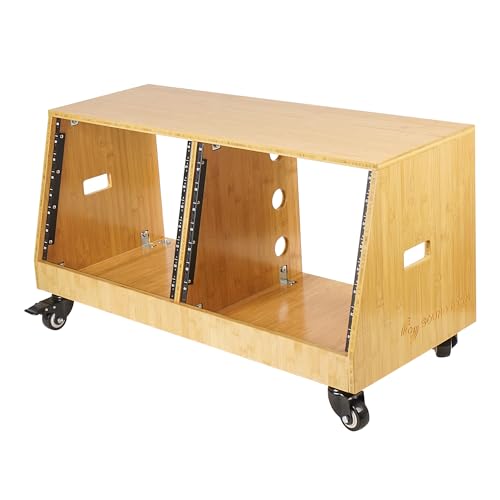 Sound Town DIY 2 x 8U Slanted Studio Rack with Solid Carbonized Bamboo, Casters, for Recording Room, Home Studio (STBR-D8T) - size: 2 x 8U, Carbonized Bamboo