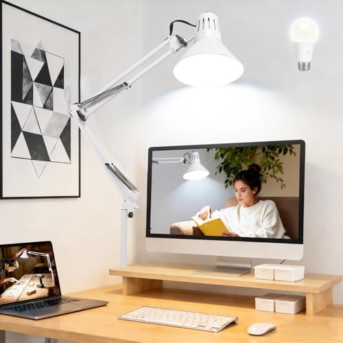 Desk Lamp With Clamp for Home Office, Eye-Caring Clip on Light with Adjustable Extra Tall Metal Swing Arm, High Intensity Clamp Lamp w/LED Bulb, Architect Task Table Lamps for Study, Workbench-W/5000k - color: White, size: 5000K Natural Daylight-Extra Lon