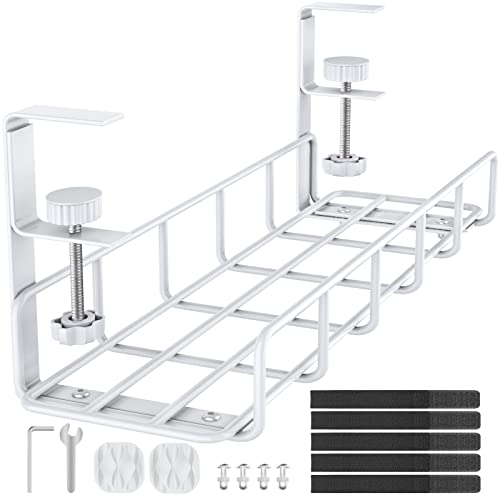 15.7” Under Desk Cable Management Tray, No Drill Heavy Duty Steel Standing Desk Cable Management, Wire Management Tray Cable Rack with Clamp Mount, Adjustable Metal Under Desk Tray (White, 1 Pack) - color: White, size: 1 Pack