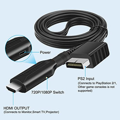 HDMI Cable for PlayStation 2 & 1 Console (PS2 & PS1), PS1/PS2 to HDMI Converter Adapter with True RGB Signal Output for PlayStation 1 Adapter for Sony PS2 Converter