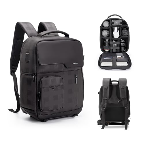 Cwatcun Waterproof Camera Backpack PU Leather Camera Bag with Tripod Holder, 14" Laptop Compartment for Canon Sony Nikon SLR DSLR Mirrorless Camera, Lens, Travel Photography Camera Bag Case - color: Black, size: 9.0 Small