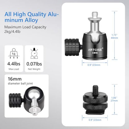 ARTCISE Mini Metal Ball Head (2 Pack) with 1/4" Screw and Removable Hot Shoe Mount, 360 Degree Rotatable Aluminum Tripod Head，Compatible with Cameras, Smartphone/iPad Mounts, Maximum Load 2kg/4.4 lbs
