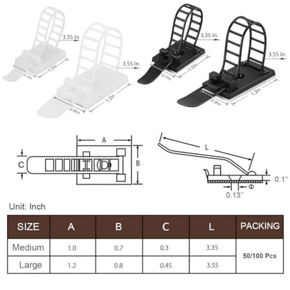 100Pcs Adhesive Cable Management Clips with 50Pcs Zip Ties, Adjustable Nylon Cable Strap Ties Wire Clips Clamps Organizer with Strong Adhesive Tape, Extra Screw & Hole - 3.55 Inch Black - color: Black, size: L-100pcs