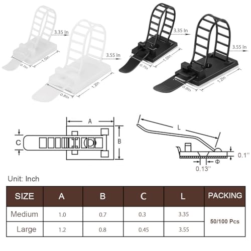 100Pcs Adhesive Cable Management Clips with 50Pcs Zip Ties, Adjustable Nylon Cable Strap Ties Wire Clips Clamps Organizer, Extra Screw & Hole - 3.55 Inch White - color: White, size: L-100pcs