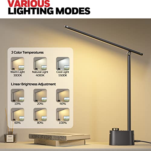 Honeywell Sunturalux™ LED Desk Lamp with USB Charging Ports HWT-H01 - Stepless Dimmable Eye Caring Desk Light for Home Office Bedroom Bedside College Dorm, Foldable Table Lamp Reading Lamp Black - color: Black