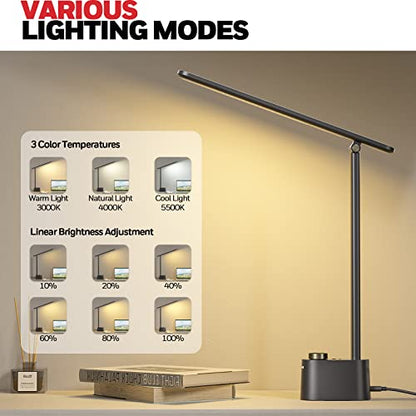 Honeywell Sunturalux™ LED Desk Lamp with USB Charging Ports HWT-H01 - Stepless Dimmable Eye Caring Desk Light for Home Office Bedroom Bedside College Dorm, Foldable Table Lamp Reading Lamp Black - color: Black