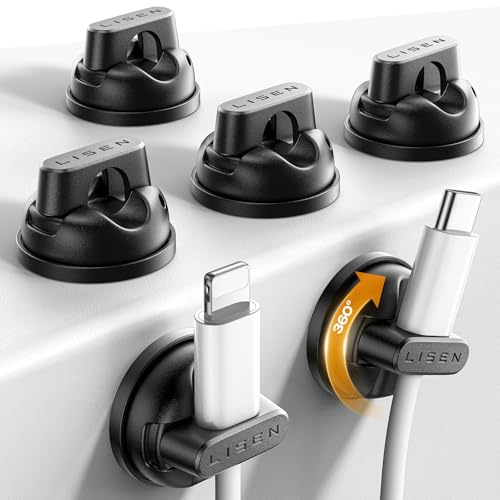 6-Pack Rotatable Cord Holder for Nightstand, LISEN 360°Rotating Magnetic Clips, No-Residue Strong Adhesive Cord Organizer for Desk, Phone Cord Holder for Home, Car, Office Desk Accessories - color: Black