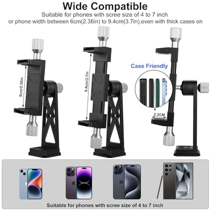 Metal Phone Tripod Mount Extra Deep Clamp with Arca Port Cold Shoe 360°Ball Head Cellphone Tripod Adapter for iPhone Galaxy Smartphone Stand Holder for Vlogging Video Camera Monitor