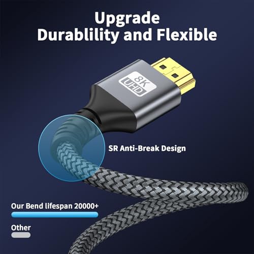 8k Hdmi Cable 6.6ft Ultra High Speed HDMI 2.1 Cable 8K@60HZ 4K@120HZ 48Gbps HDMI Cord for HDTV,PS4,PS5,Monitor Laptop,Xbox,HDCP 2.2&2.3 Support HDR,eARC,Dolby.(Silvery) - size: 6.6FT