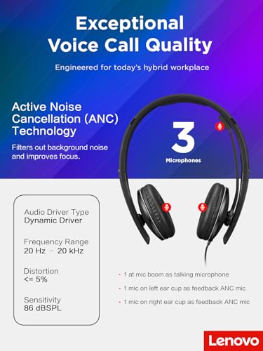 Lenovo Wired ANC Headset Gen 2 (Teams) with Active Noise Cancellation, EPOS BrainAdapt & ActiveGard Tech, Lightweight, USB-C, Plug-and-Play, Zoom Certified, Customizable, Hearing Protection - style: Wired ANC Gen 2 (Teams)