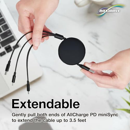 BoxWave Cable Compatible with Xtra Muse Vlogging Camera (2 in) - AllCharge PD miniSync (100W), Retractable High-Speed Charging Portable USB Cable - Jet Black