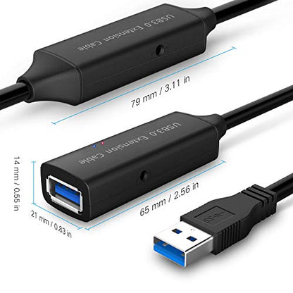 USB 3.0 Active Extension Cable, 32 Feet USB 3.0 Male to Female Extender Cord with 5V 2A Power Adapter, 2 Chipsets Signal Booster for VR, Webcam, Xbox, PS4, Keyboard, Printer, etc