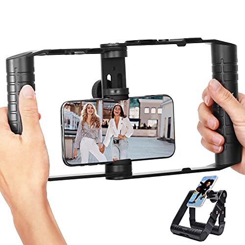 Movo SPR-20 Foldable Smartphone Video Rig Cage with Cold Shoe Mounts for Microphone or LED Light - Vlogging Mount Compatible with iPhone, Android - Smartphone Video Stabilizer Grip - Filming Equipment