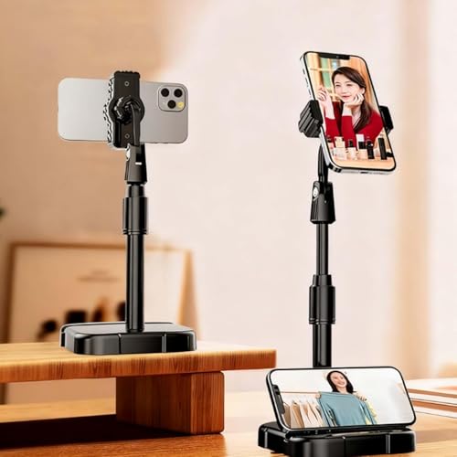 1 Pcs Telescopic Desktop Phone Stand, 360 Rotating Adjustable Height Holder, Stable Cradle for Smartphones Tablets and Ipads(Black)