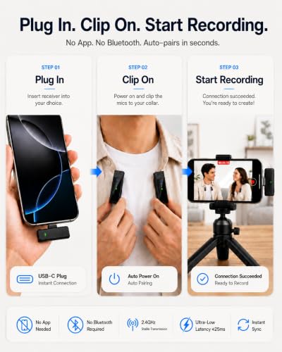 Wireless Lavalier Microphone for iPhone/Samsung/Android, 2 Mics, USB-C Port | 2 Clip-On Mics with Noise Reduction, 34h Using Time with Charging Case, 48kHz Audio 66ft Range for Video Recording USB C