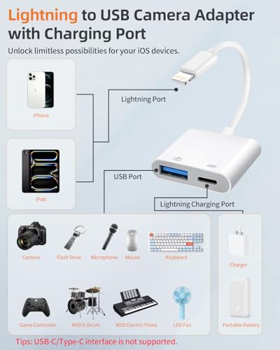 [Apple MFi Certified] Lightning to USB Camera Adapter with Charging Port for iPhone, USB3 Female OTG Adapter Compatible with iPhone/iPad Card, Readers, USB Flash Drives, Keyboards, Mice