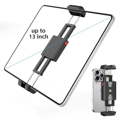 iPad and Phone Tripod Mount,Dual-Purpose Phone and Tablet Holder with Adjustable Clamp, Compatible with Devices up to 12.9Inches,1/4 Inch Screw fits iPad Pro 12.9,Air Mini 3/4,Galaxy Tab,Selfie Stick