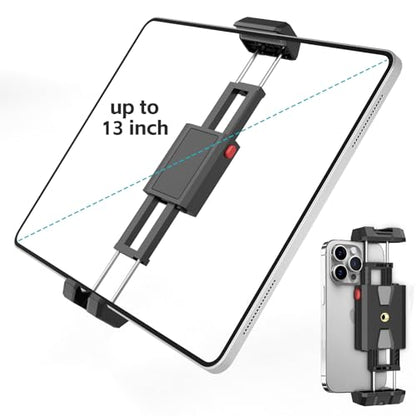 iPad and Phone Tripod Mount,Dual-Purpose Phone and Tablet Holder with Adjustable Clamp, Compatible with Devices up to 12.9Inches,1/4 Inch Screw fits iPad Pro 12.9,Air Mini 3/4,Galaxy Tab,Selfie Stick