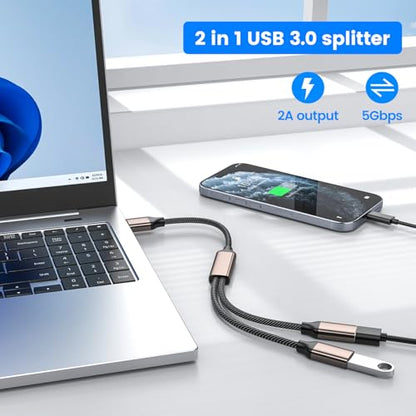 MOGOOD USB Splitter 1 in 2 Out,USB 3.0 Splitter Y Cable,Dual USB Port Extender Hub USB Male to Two Female Extension Cord Multi Port USB Extension Splitter Data Charging Split for Car,PC,TV,Laptop - size: 2pack