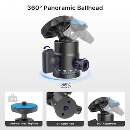 Mini Ball Head, rubesee Panoramic Camera Tripod Head with 1/4" Screw Shoe Mount, 360 Rotatable Metal Adapter for DSLR Camera Tripods Monopods Camcorder Light Microphone Photography, Max Load 5.5lbs