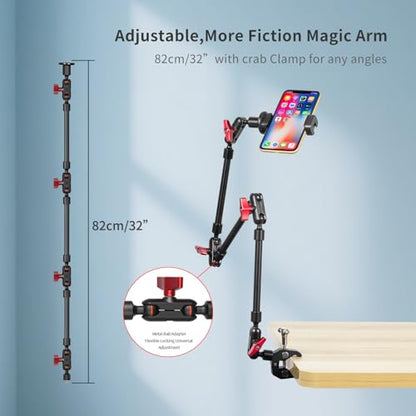 Magic Arm Camera Mount, 32" Aluminum Articulating Arm with Desk Clamp & Standard 1/4" Screw, Heavy Duty Overhead Phone Mount for Video Recording, Live Streaming, Vlogging - size: 32 Inch Arm + Clamp + Phone Clip