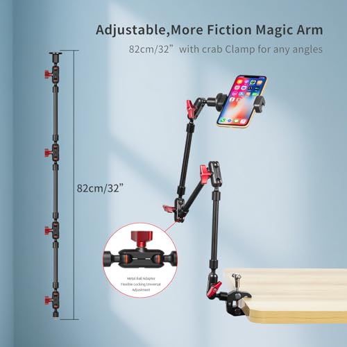 Magic Arm Camera Mount, 32" Aluminum Articulating Arm with Desk Clamp & Standard 1/4" Screw, Heavy Duty Overhead Phone Mount for Video Recording, Live Streaming, Vlogging - size: 32 Inch Arm + Clamp + Phone Clip