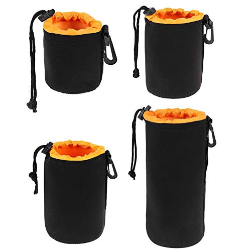 4 Pack Camera Lens Pouch Set (Small, Medium, Large, X-Large), Thick Protective Neoprene Bags with Drawstring Design, Soft Plush Interior for Canon, for Nikon, for Sony DSLR Lenses (4 Sizes) - size: Full Set (S+M+L+XL)