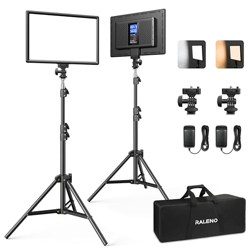 RALENO 13" Edge-Lit LED Video Light Panel Kit, 2-Pack Bi-Color 2500K-6500K Soft Studio Lights with CRI 95+, 75" Stand & 8000mAh Rechargable Battery, Photography Light for Streaming/Zoom/YouTube/Makeup