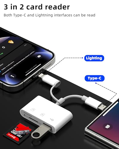 SD Card Reader for iPhone 17 16 15 14 Pro Lightning USB C to USB Micro SD Adapter Accessories Digital Camera Memory TF OTG Hub Converter Port for Ipad Compatible with Samsung Splitter Plug