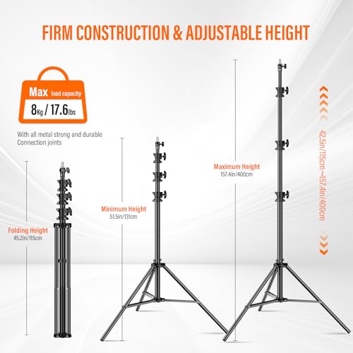 Heavy Duty Light Stand 13.12ft/400cm Adjustable 17.6lb/8kg Max Loading Photography Air Pressure Buffer Tripod Stand with 1/4” to 3/8” Screw Adapter for Strobe,LED Video Light, Monolight, Softbox