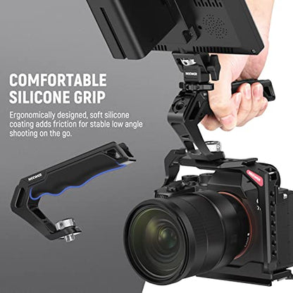 NEEWER Camera Top Handle with 3/8" ARRI Locating Pins, Comfort Silicone Grip with 1/4" 3/8" Threads and 3 Cold Shoes, Compatible with SmallRig Handles Camera Cages Video Rigs, CA007 - style: CA007