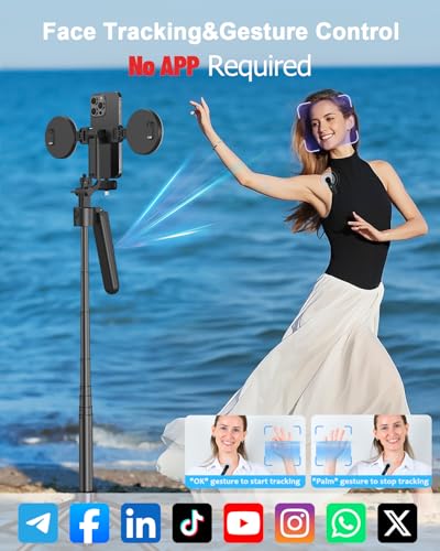 Vlogging Kit for iPhone/Android, 63” Auto Face Tracking Tripod for iPhone with Light, Wireless Microphones, Remote Control for TikTok, YouTube Starter Kit for Content Creator