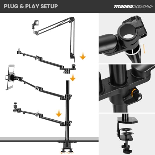 TARION Overhead Camera Desk Mount: 4-in-1 Heavy Duty Mount Set with 1 Mic Boom Stand + 3 Articulating Arms for DSLR Cameras Ring Light Monitor Laptop - Live Stream Stand TitanRig Desk - size: 4-in-1 Desk Set