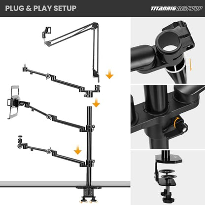 TARION Overhead Camera Desk Mount: 4-in-1 Heavy Duty Mount Set with 1 Mic Boom Stand + 3 Articulating Arms for DSLR Cameras Ring Light Monitor Laptop - Live Stream Stand TitanRig Desk - size: 4-in-1 Desk Set