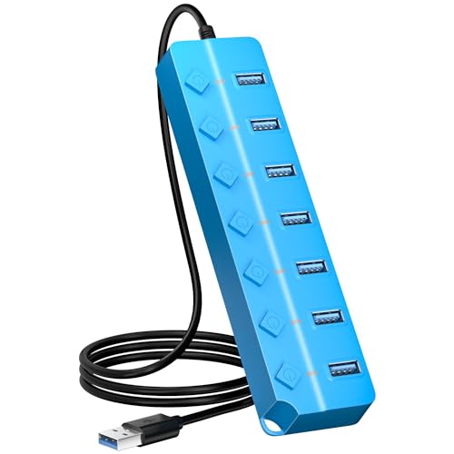 USB Hub 7 Port, USB Splitter with Individual On/Off Switches and Lights | USB 3.0 Hub with 3.3ft Cable, Extender for A Port Laptop, PC, Desktop-Blue - color: Blue