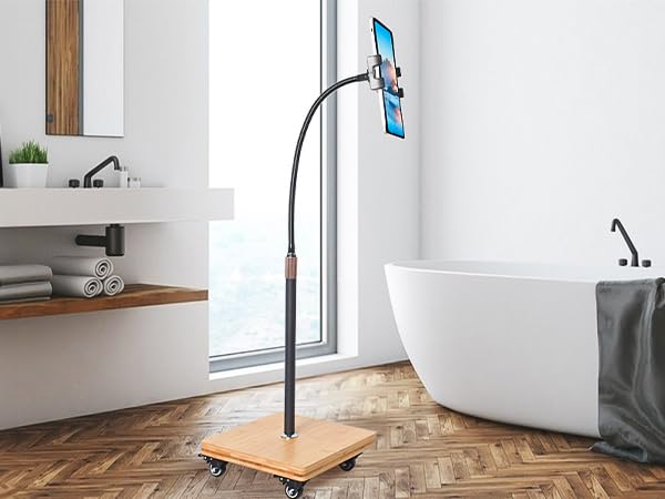 wishacc Tablet Floor Stand for Bed - Gooseneck Tablet Holder Mount with Adjustable Height and 4 Wheels, Compatible with iPad mini Air Pro 12.9/9.7, Galaxy Tab, Kindle, Cell Phones (4.7"-13") - size: 11.6 x 11.6 inches