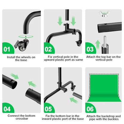 EMART 7x10ft Green Screen Backdrop Kit with Movable Stand, Large 9.5x9.5ft Photography Greenscreen Background Adjustable Frame with Wheels for Photo Shoot, Live Streaming, Video Recording