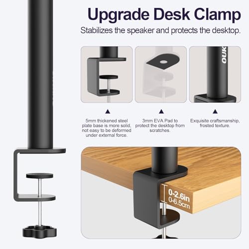 Studio Monitor Stands Clamp On Desktop Speaker Stand Pair, Heavy Duty Riser Tilt Height Adjustable, Universal Music Booth Desk Audio Mount Tray for Subwoofer Surround Sound Bookshelf Laptop