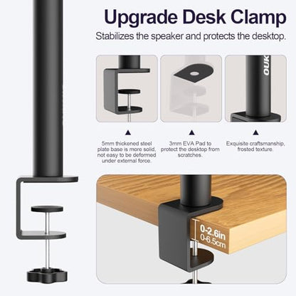 Studio Monitor Stands Clamp On Desktop Speaker Stand Pair, Heavy Duty Riser Tilt Height Adjustable, Universal Music Booth Desk Audio Mount Tray for Subwoofer Surround Sound Bookshelf Laptop