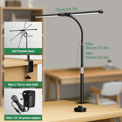 LED Desk Lamp with Clamp, 23.5-31.5 Inches, Black | 24W, 75 Lighting Modes, Flexible Neck Design, Telescopic Height, For Home Office Study Work Craft Paint - size: 2-Head Adjustable Height Desk Lamp