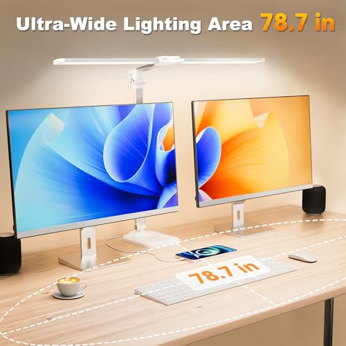 LED Desk Lamp for Office Home, Height Adjustable Architect Desk Light with USB Adapter, Stepless Dimming 50 Lighting Modes, Eye Caring Double Head Computer Desk Lamp for Reading, Study, Workbench - color: White