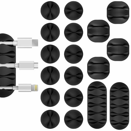 Flezoo Cable Clips Cord Holder - 18 PCS Black Adhesive Phone Cord Organizer Charger Holder Cable Wire Management Clips Keeper for Nightstand, Desk, Office or Mouse