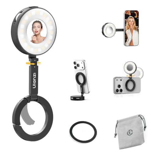 Ulanzi ML05 Magnetic Selfie Ring Light, Fill Light with Built-in Mirror, 2500K-9000K Dimmable Portable LED Flash, CRI97 Pocket Video Light for iPhone 17 16 Pro Max Series, Vlog Live Makeup Shooting - color: Black