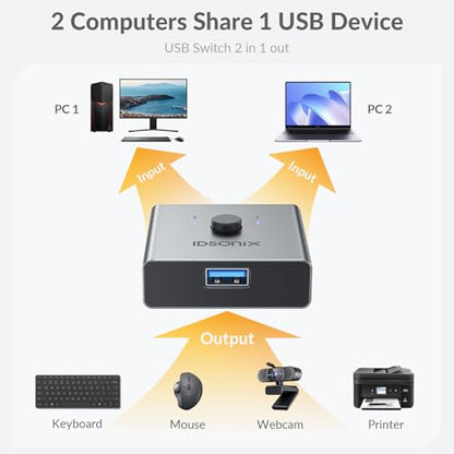 IDsonix USB 3.0 Switch for 2 Computers Share 1 Device | 1 in 2 Out Bi-Directional For Printers/Keyboards/Mice, 5Gbps Plug and Play Switcher Support CarPlay,Android Auto,Aluminum - style: Aluminum
