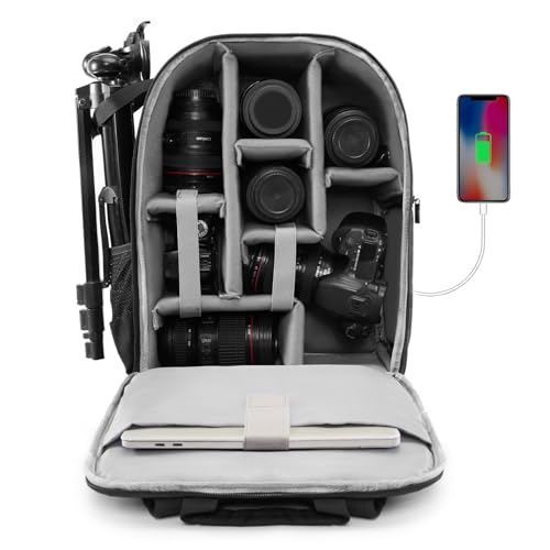 CADeN Camera Backpack Bag for DSLR/SLR Mirrorless Camera Waterproof with 15.6 inch Laptop Compartment, USB Charging Port, Tripod Holder, Rain Cover, Camera Case Compatible for Sony Canon Nikon Black L - color: Black, style: 3.0 Large