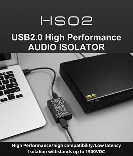 KGUSS Topping HS02 USB 2.0 Audio Isolator - withstands up to 1500VDC, USB-B and Type-C Input, USB-A and Type-C Output, Compatible with PCM32bit 768kHz DSD512