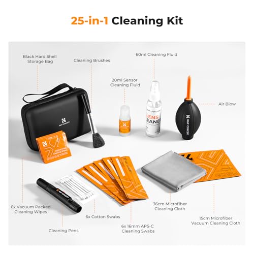K&F Concept 25-1 Professional Camera Cleaning Kit with APS-C Sensor Cleaning Swabs/60ML & 20ML Lens Cleaner/Cleaning Wipes/Camera Blower/Lens Pen Brush/Microfiber Cloths/Carrying Case - size: 16mm