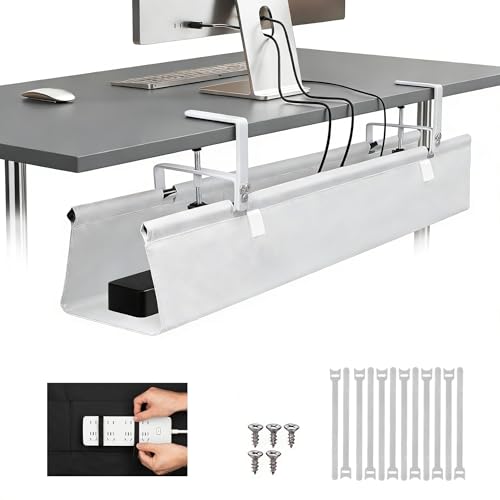 Oxford Cloth Under Desk Cable Management Tray,No-Drill 48" Desk Cable Management Organizer with Clip/Screw Installation,Fabric Cable Management for Home,Office & Gaming Computer(White) - color: White, size: 48 inches