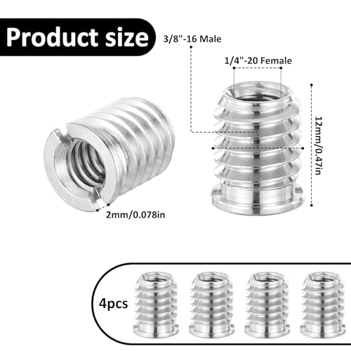 4 PCS 1/4 to 3/8 Adapter, 1/4 Female to 3/8 Male Adapter Tripod Thread Adapters 12 Mm Height Reducer Bushing Convert Screw Adapters for Camera Dslr Slr Monopod Tripod Ballhead Stand and Video Light