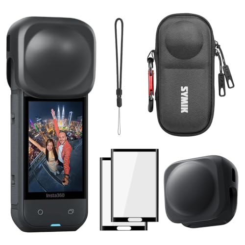 SYMIK Small Carrying Case for Insta360 X5 X4, Bundle with Protective Silicone Lens Cap, Screen Protectors for Insta 360 X5, Portable Hard Shell Travel Bag for Insta360 X5 X4 Accessories - color: Case + Lens Cap + Screen Protectors